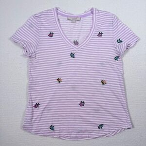 LOFT V-Neck T-Shirt Women's Striped Lavender Embroidered Floral Short Sleeve S